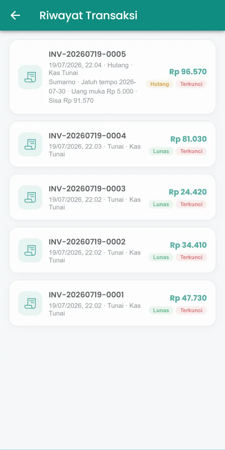 Riwayat transaksi pada aplikasi Kasir Saku