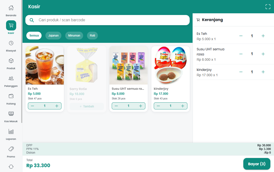 Dashboard Kasir Saku dalam tampilan tablet
